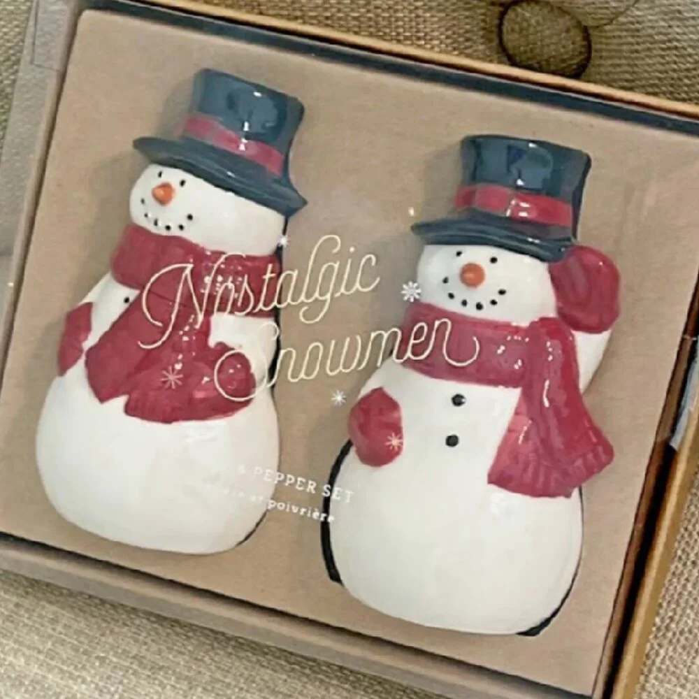 NEW Pottery Barn Nostalgic Snowmen Ceramic Salt + Pepper Shakers | Christmas Set
